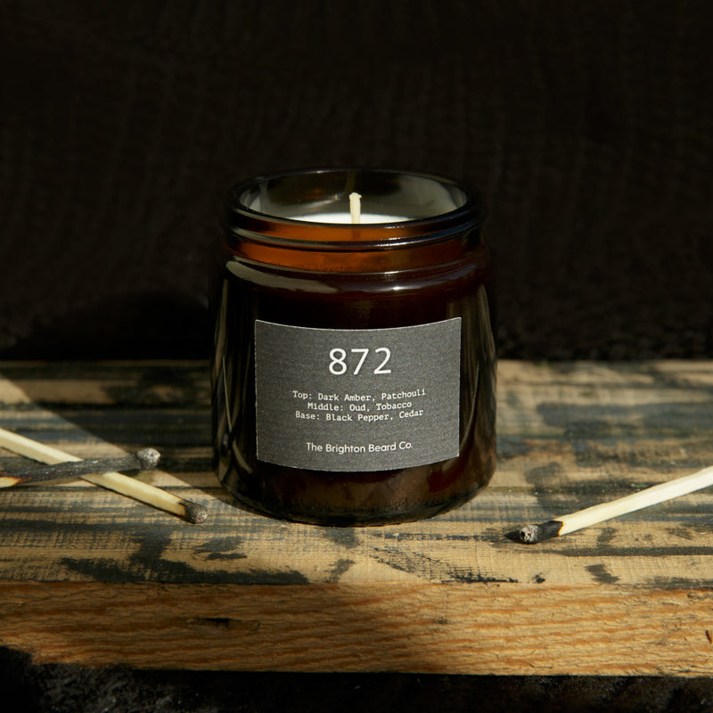 artisan male candle, mens candle, amber glass candle, coco-soy wax, dark amber, patchouli, oud, tobacco, black pepper, cedar, gifts for him, matches, wick, small batch
