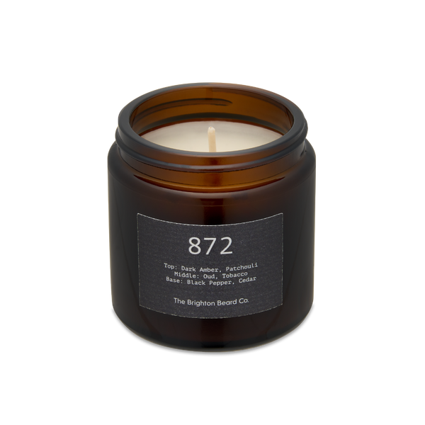 mens candle, amber glass candle, coco-soy wax, dark amber, patchouli, oud, tobacco, black pepper, cedar, gifts for him