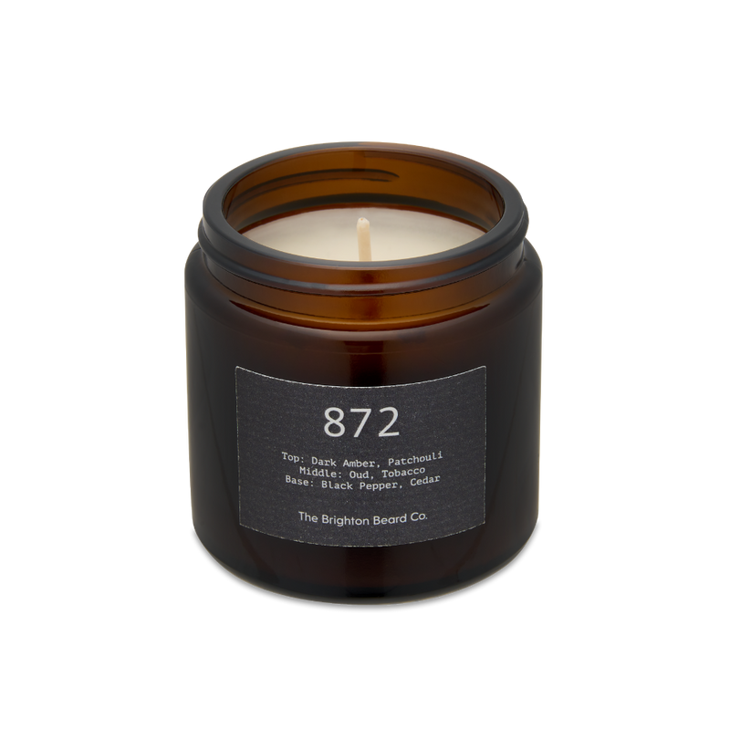 mens candle, amber glass candle, coco-soy wax, dark amber, patchouli, oud, tobacco, black pepper, cedar, gifts for him